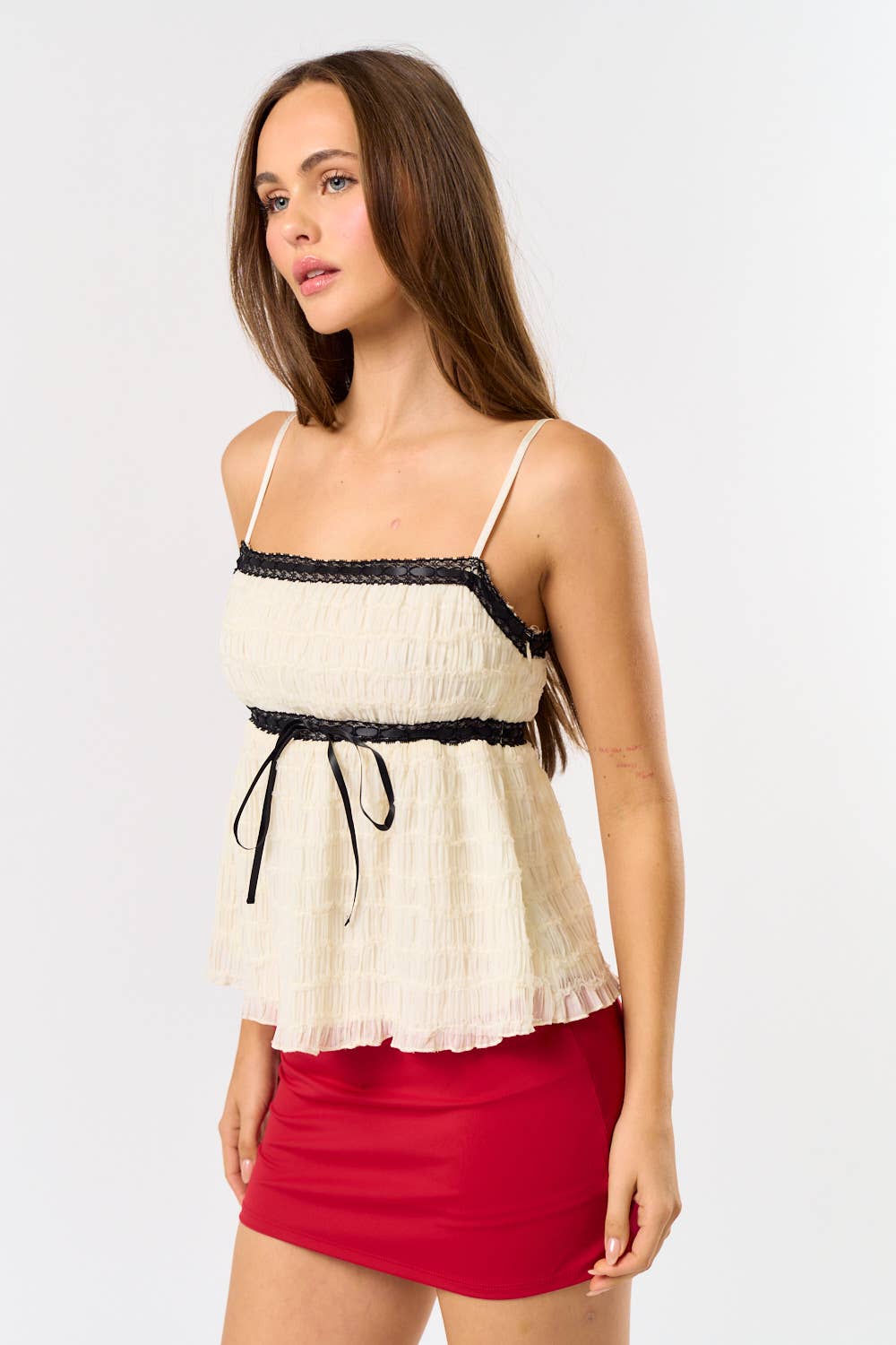 Blue Blush CONTRAST LACE MIX CHIFFON CAMI TOP
