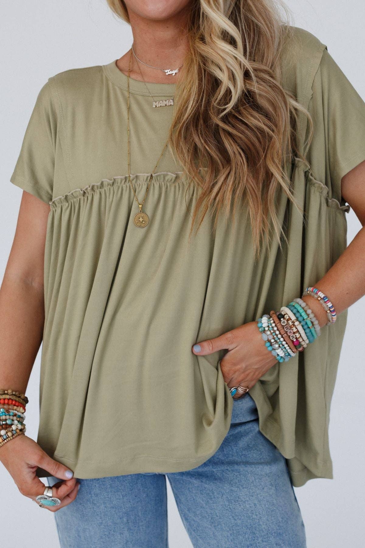 Three Bird Nest Sunday Morning Babydoll Top - Light Olive