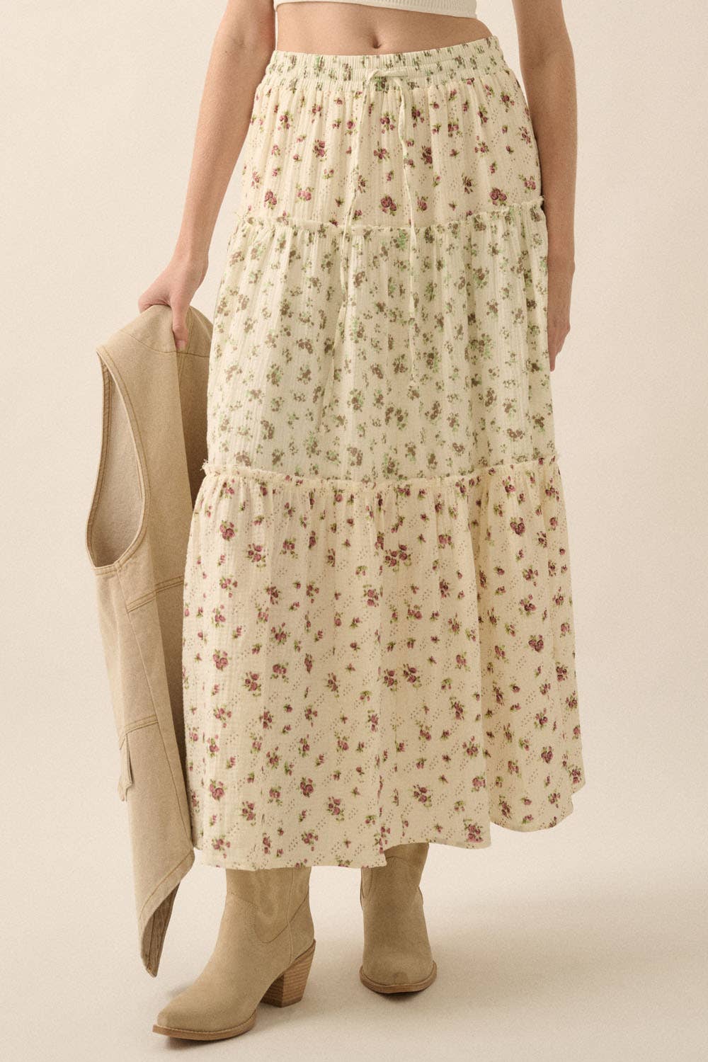 Promesa USA FLORAL CRINKLE COTTON COLORBLOCK TIERED MAXI SKIRT TAUPE