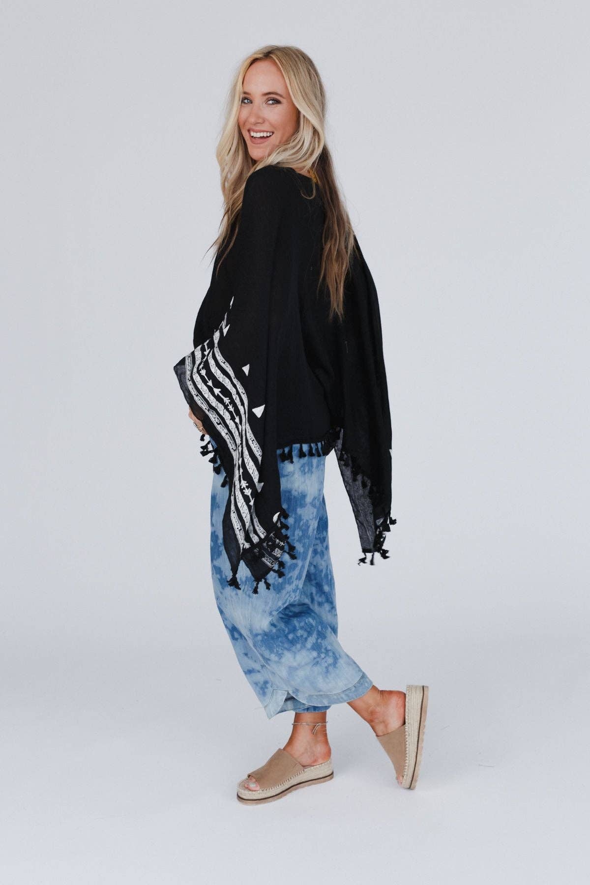 Three Bird Nest Fallon Embroidered Sleeve Tassel Poncho - Black