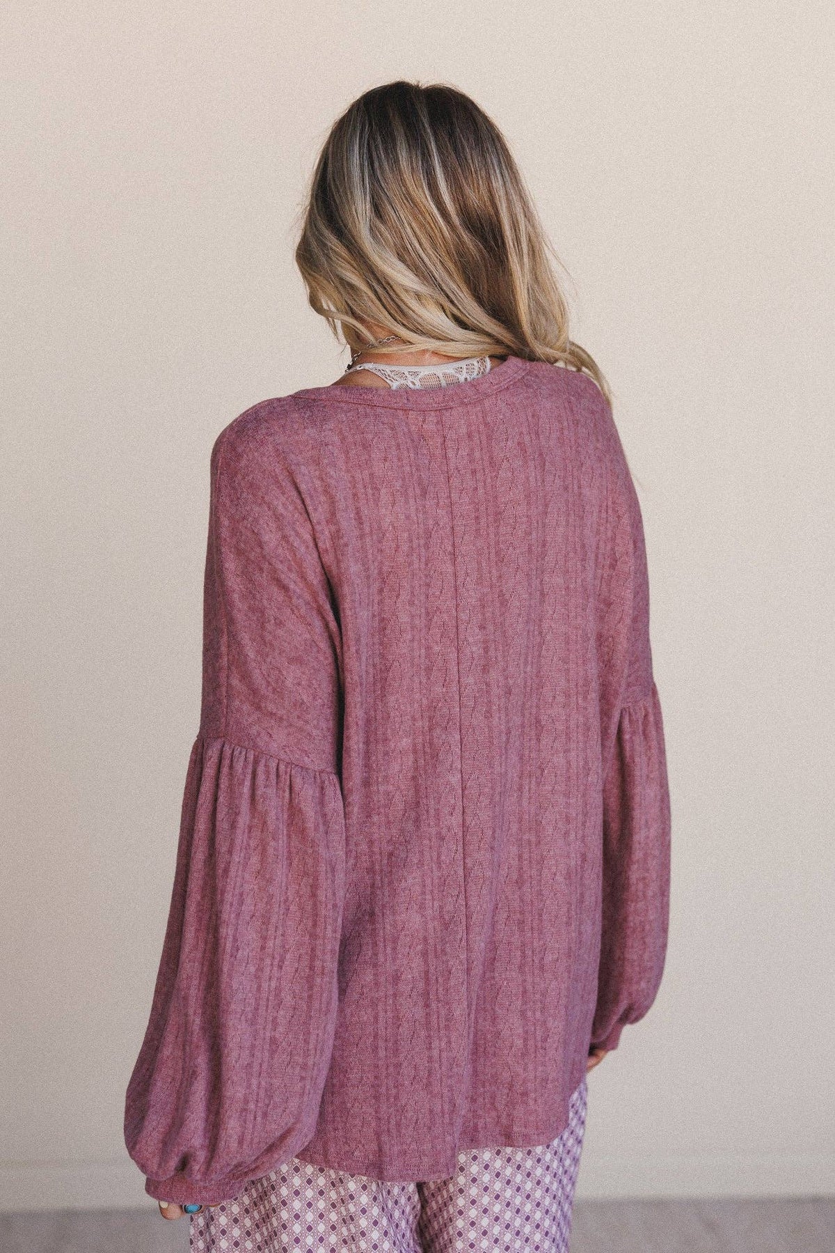 Three Bird Nest Sweet Heart Balloon Sleeve Knit Sweater - Mulberry