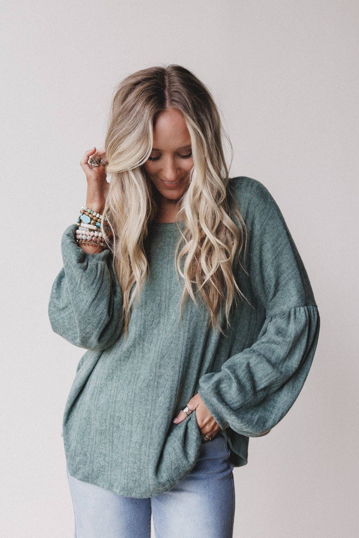 Three Bird Nest Sweet Heart Balloon Sleeve Knit Sweater - Olive