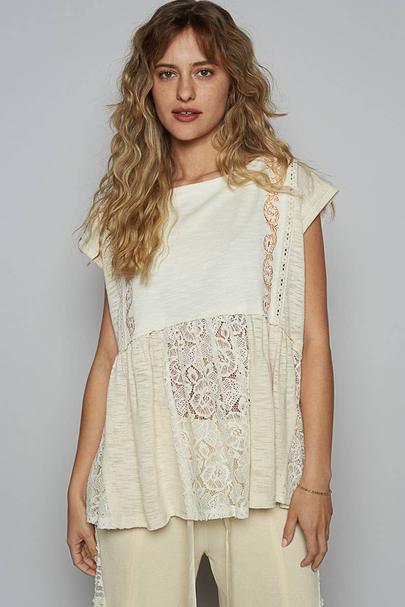 Pol Clothing BOAT NECK SOLID EMBROIDERY TEXTURED KNIT TOP CREAM