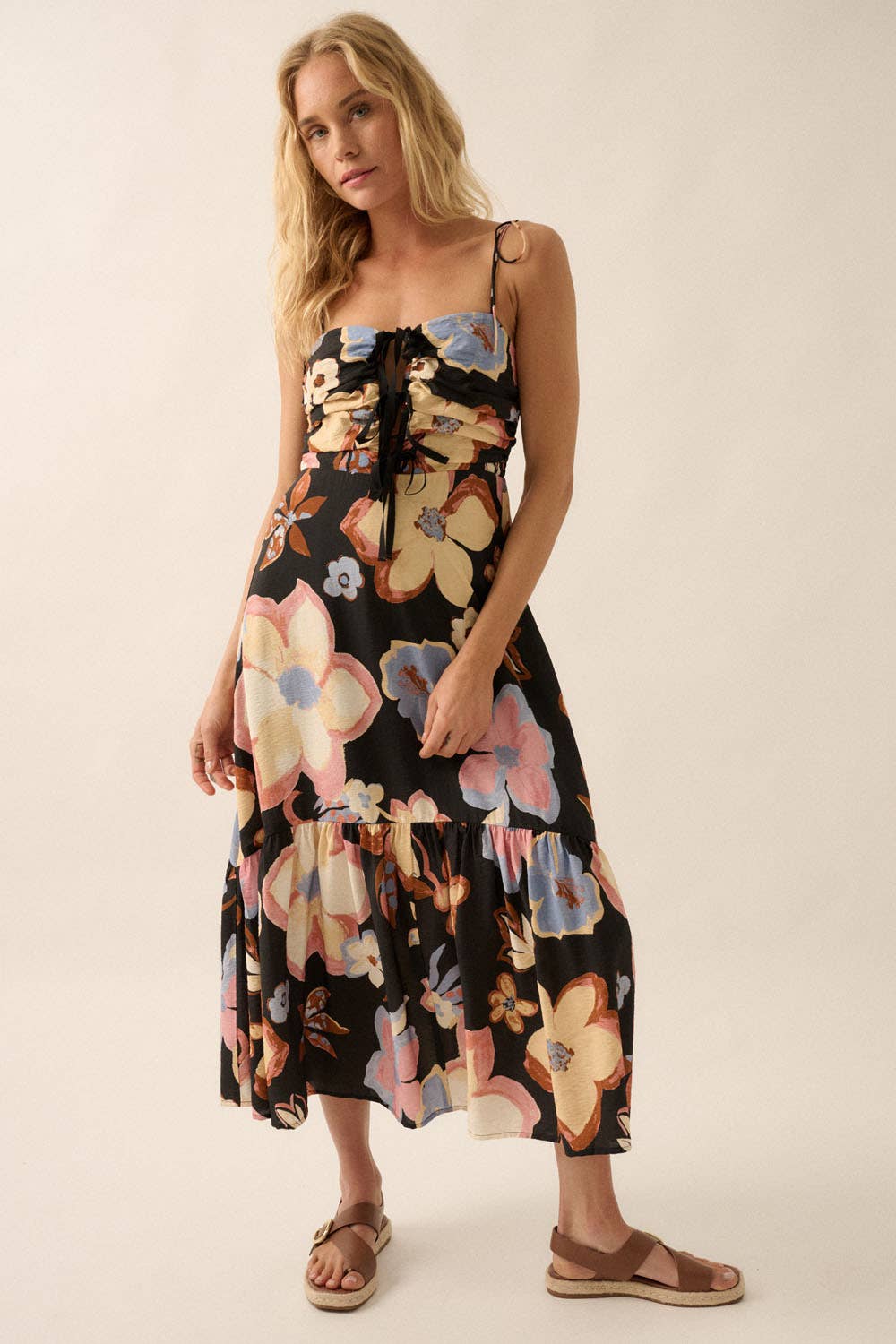 Promesa USA TEXTURED FLORAL-PRINT TIE-FRONT RUFFLE MIDI DRESS