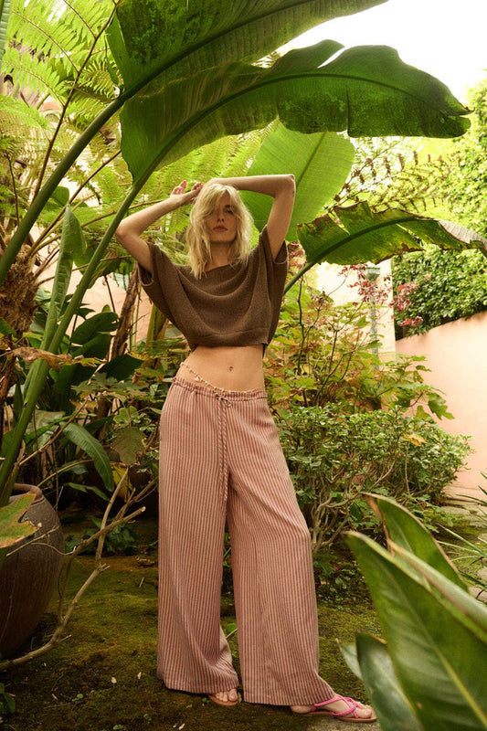 Stripe-Print Woven Wide-Leg Drawstring Pants