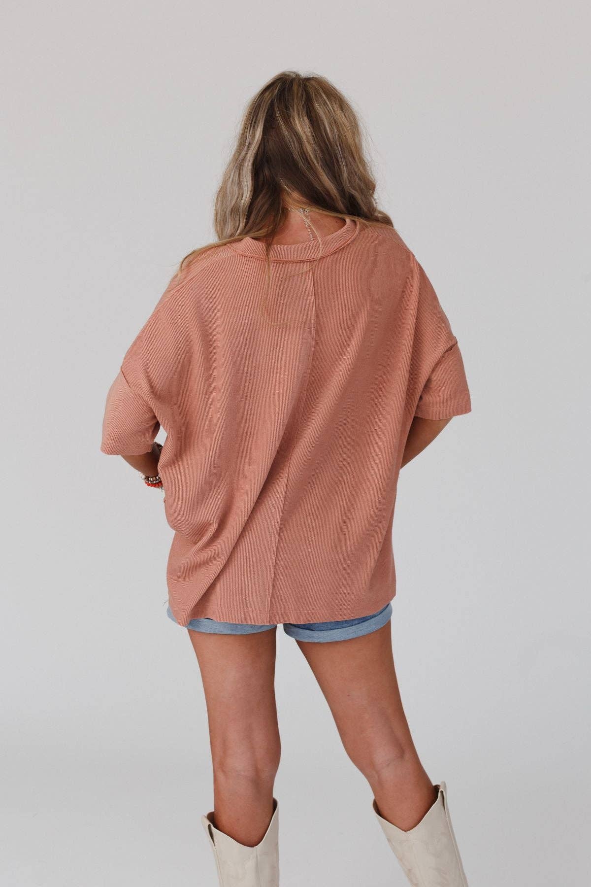 Three Bird Nest On The Go V Neck Ribbed Essential Tee - Sepia