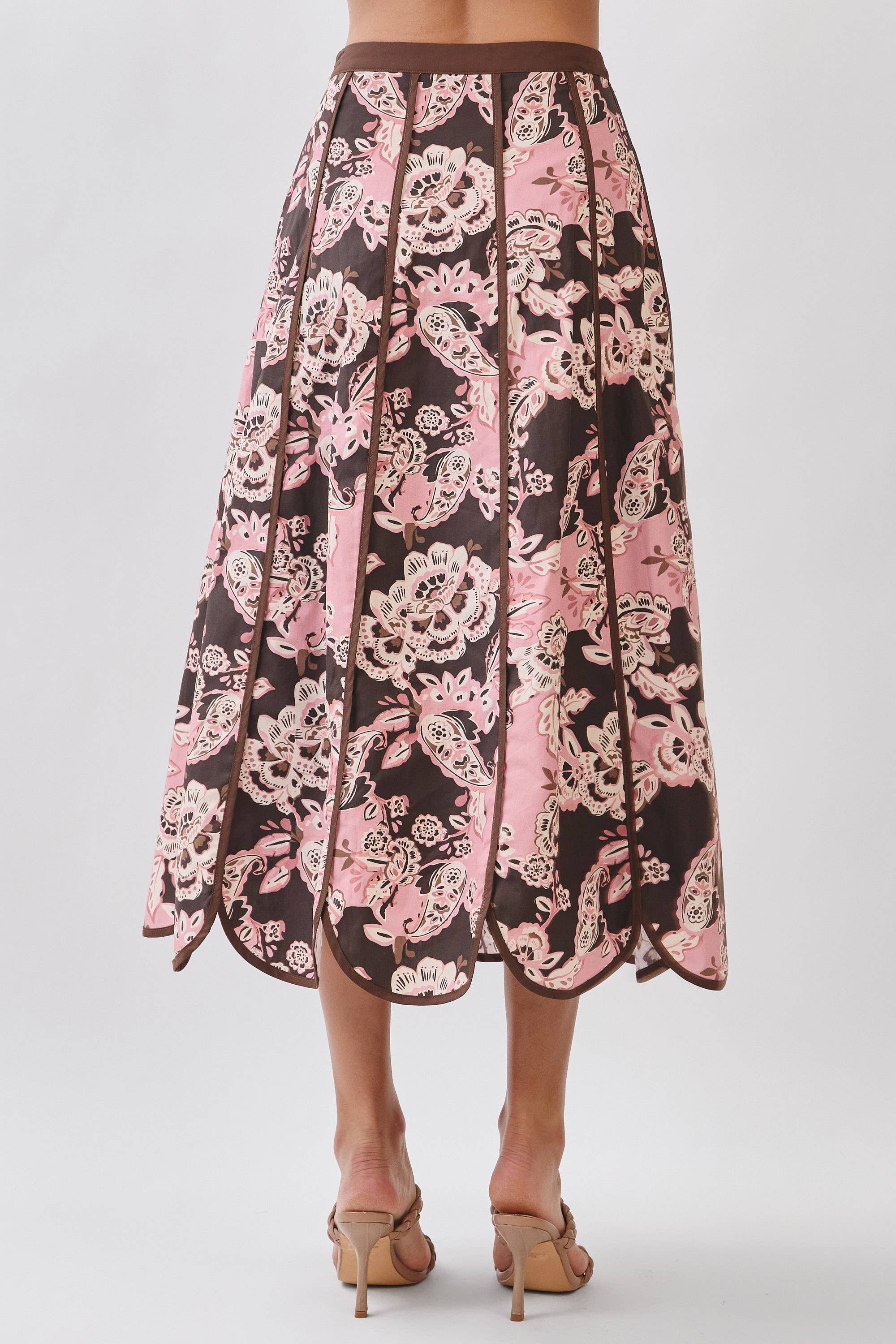 TCEC CS4094-Floral Print Saclloped Hem Paneled Midi Skirt