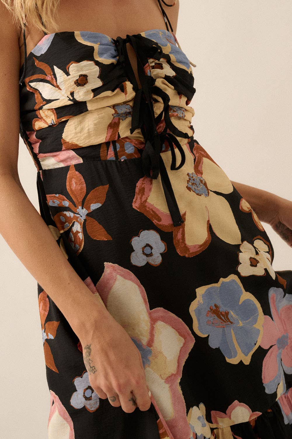 Promesa USA TEXTURED FLORAL-PRINT TIE-FRONT RUFFLE MIDI DRESS