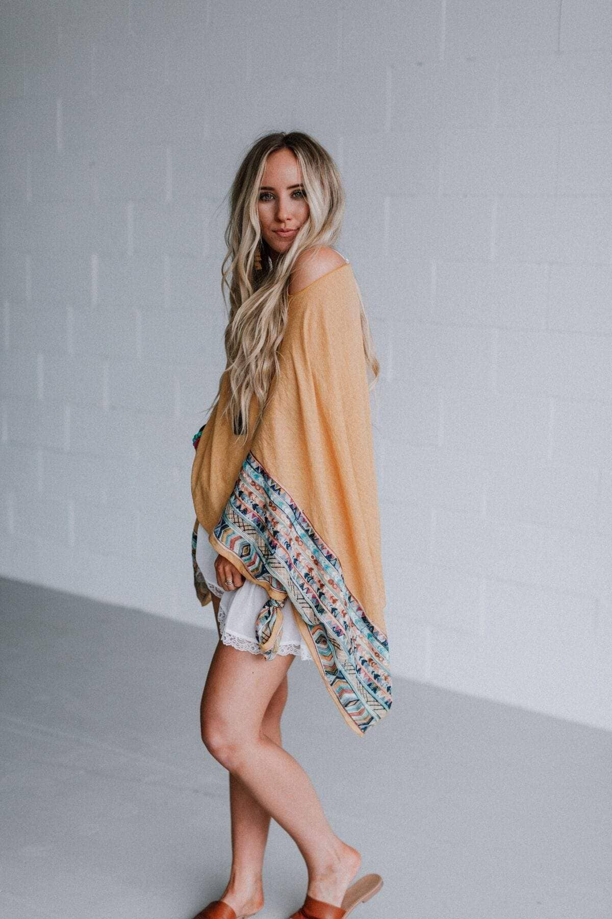 Three Bird Nest Fallon Embroidered Sleeve Poncho - Mustard