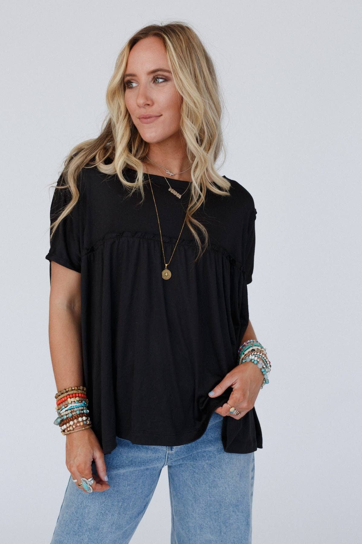 Three Bird Nest Sunday Morning Babydoll Top - Black