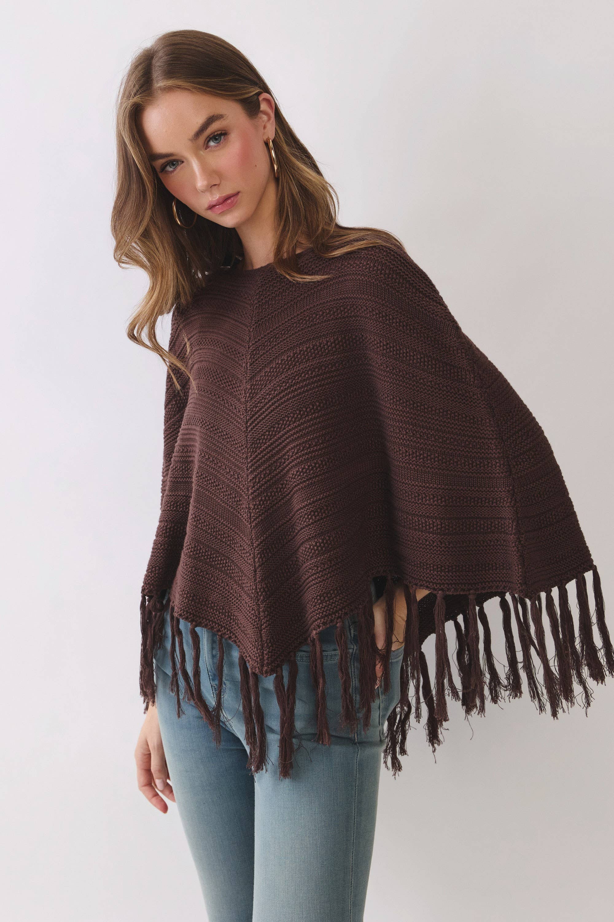 TCEC CW2663-Fringe Hem Boat Neckline Knit Poncho