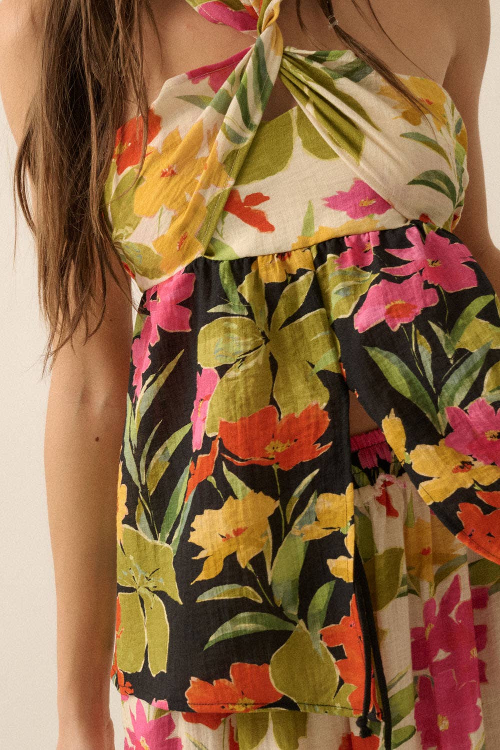 Promesa USA Two-Tone Floral Convertible Flyaway Halter Top