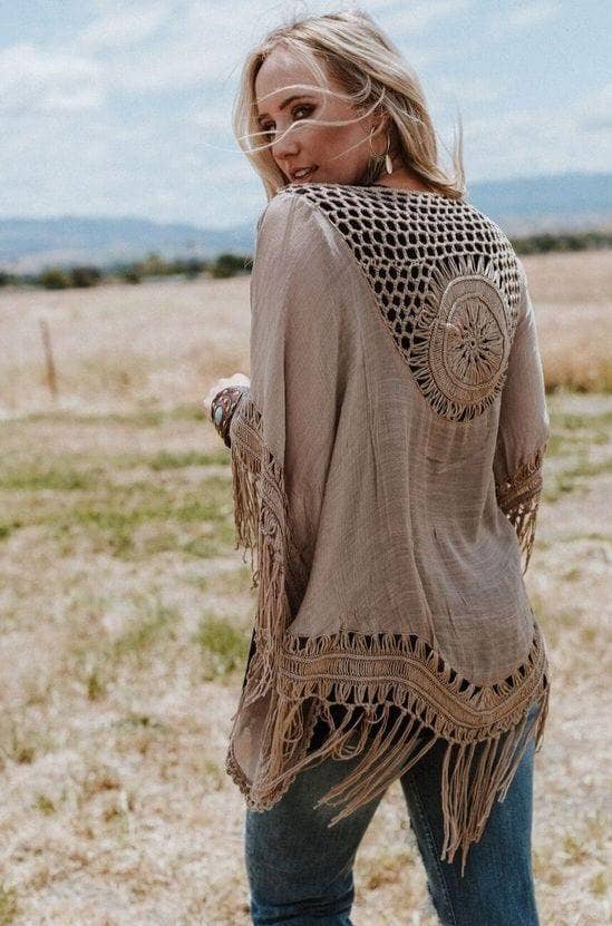 Three Bird Nest Dreamy Macramé Kimono OS Mocha