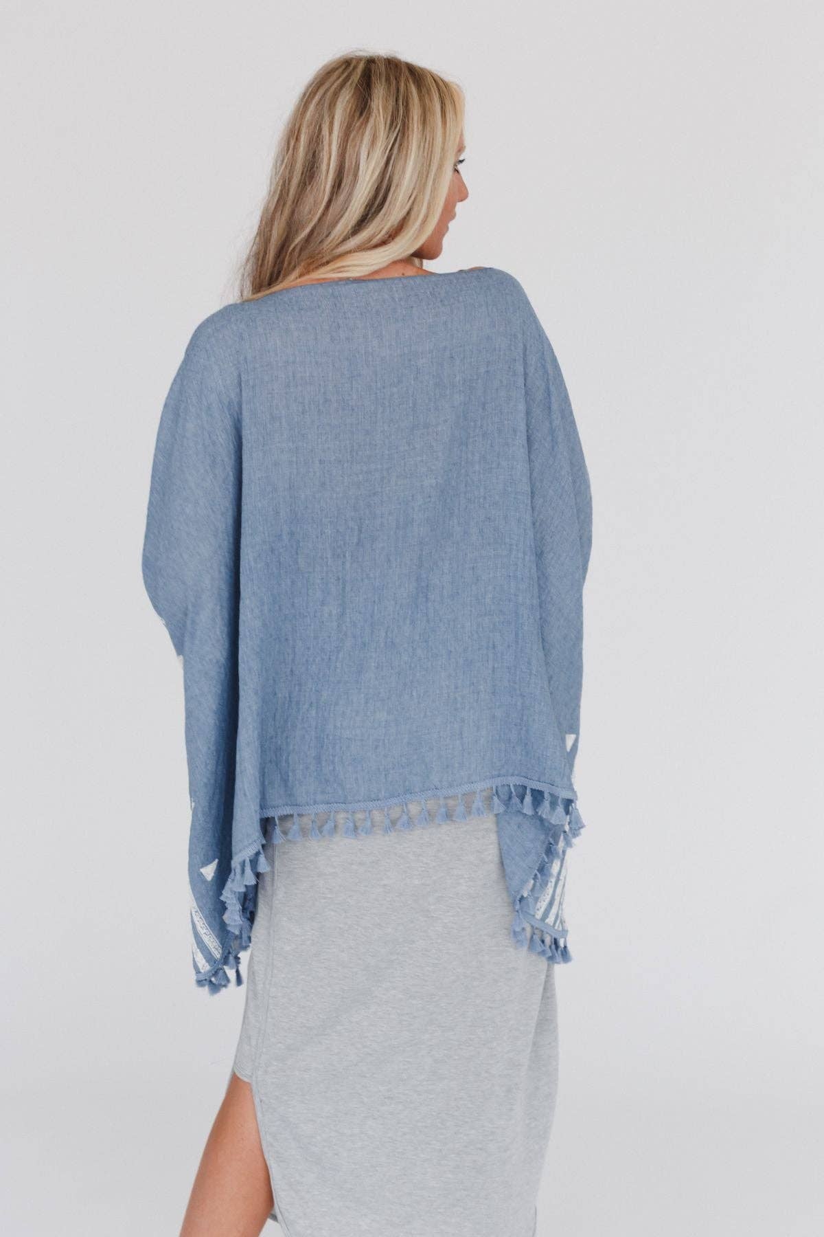 Three Bird Nest Fallon Embroidered Sleeve Tassel Poncho - Blue