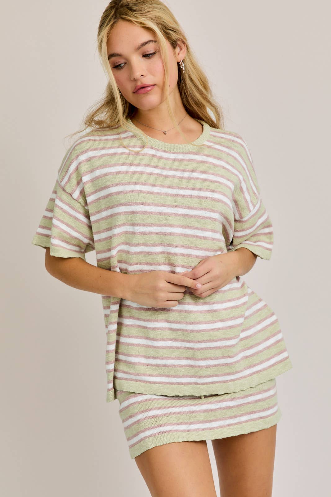 LE LIS CREW NECK STRIPED OVERSIZED SWEATER TOP WITH MINI SKIRT SET