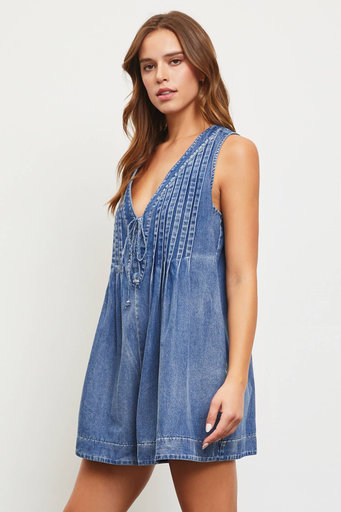 Mustard Seed TIE WITH PLEATED DENIM ROMPER