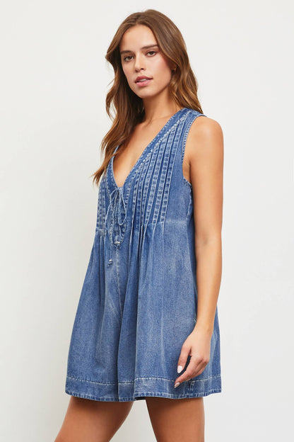 Mustard Seed TIE WITH PLEATED DENIM ROMPER