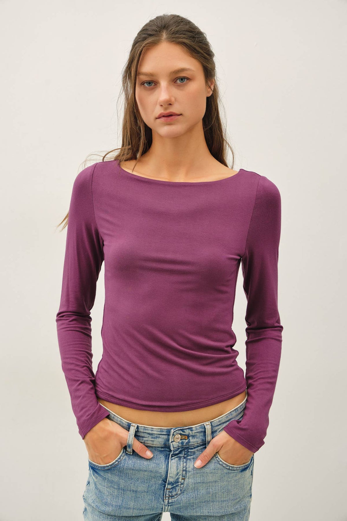 Be Cool BASIC THREADS BOAT NECK LONG SLEEVE TOP DK.PLUM