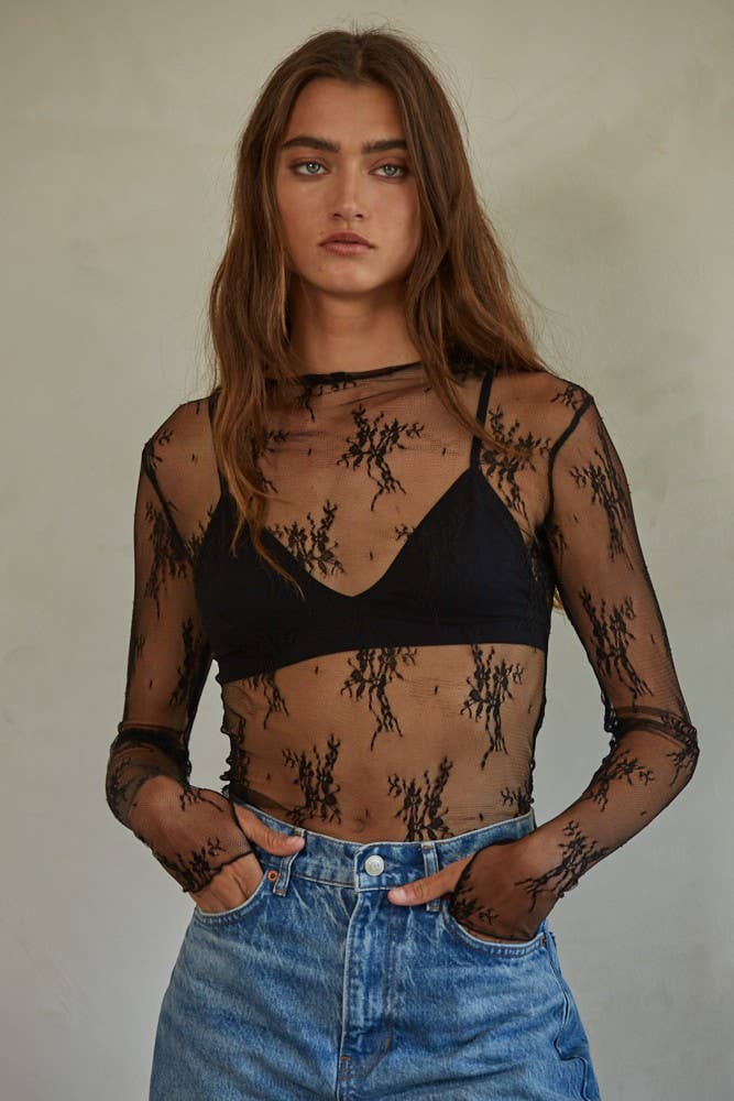 By Together Freya Lace Layering Top S Black