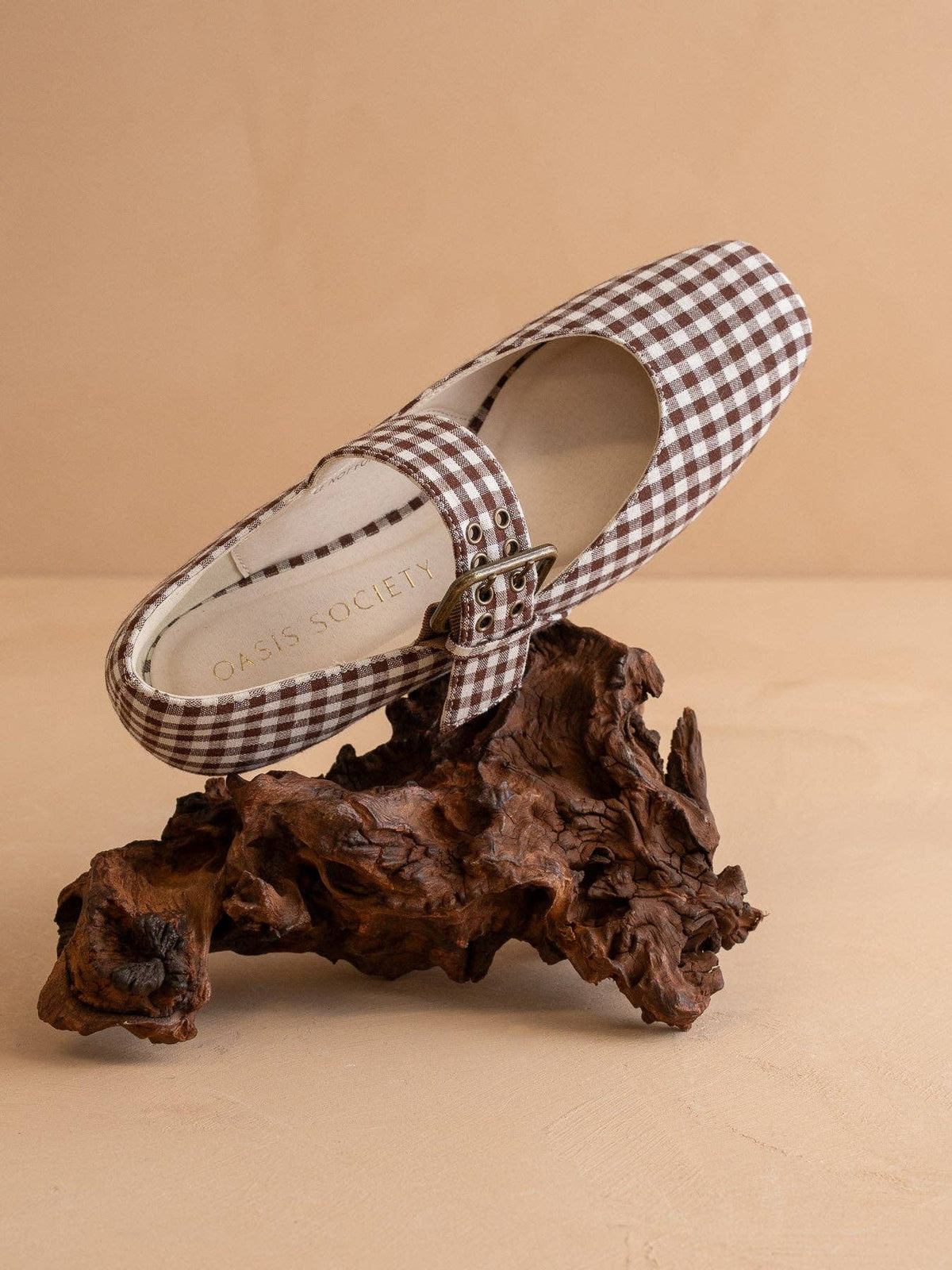 OASIS SOCIETY The Soho | Coffee Gingham Ballet Fall Flat Studded Buckle