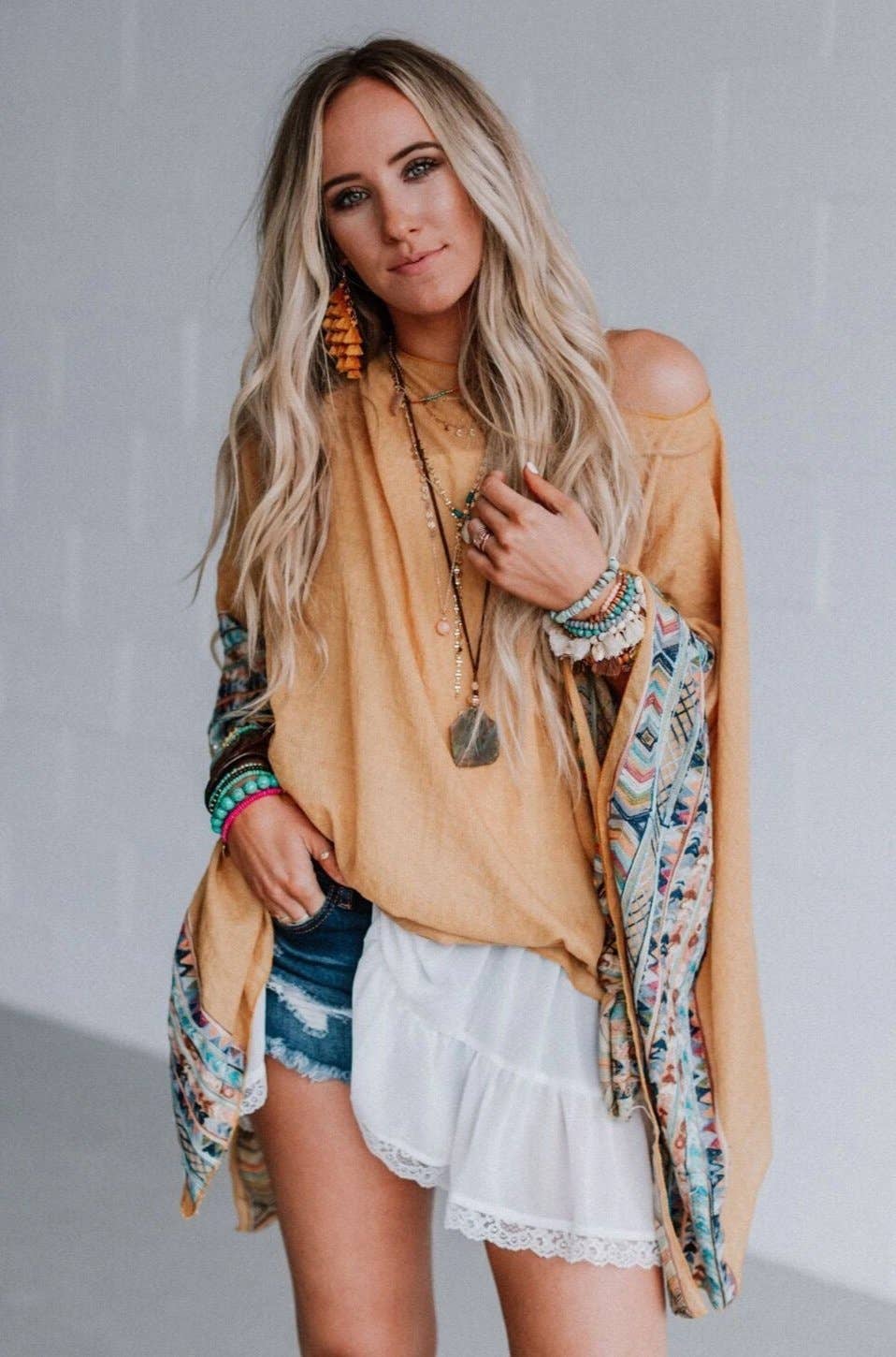 Three Bird Nest Fallon Embroidered Sleeve Poncho - Mustard