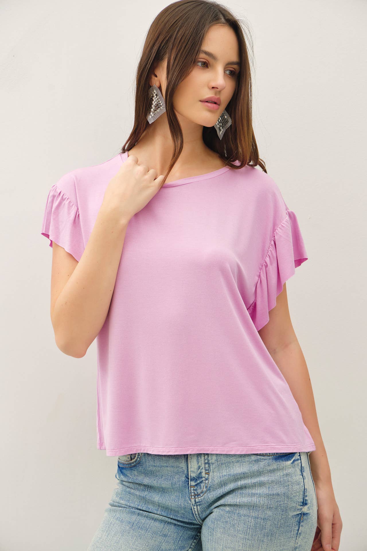 Be Cool BASIC THREADS RUFFLED SHORT SLEEVE TOP FONDANT PINK