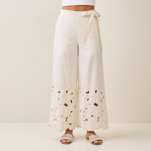Able AP2817 Floral embroidered cutout pants with waist tie CREAM