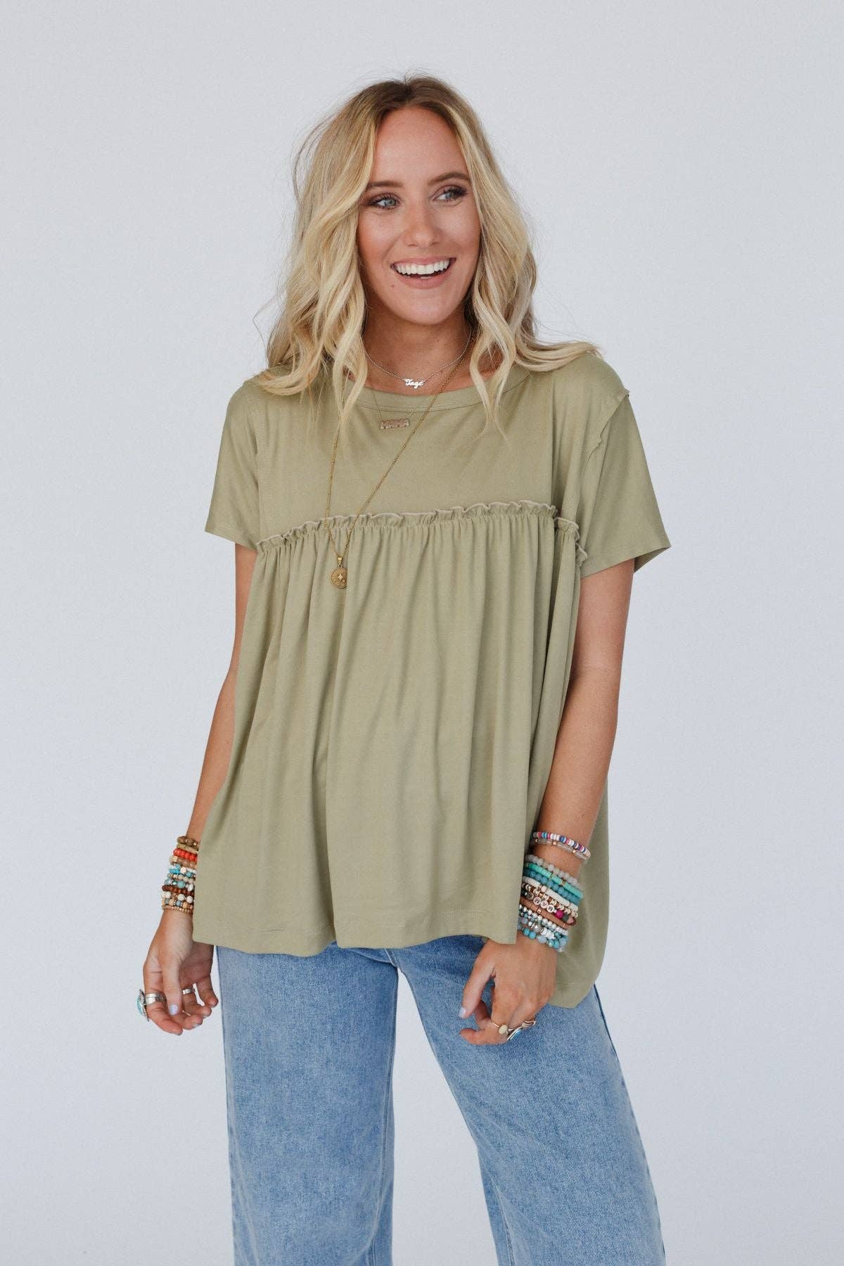 Three Bird Nest Sunday Morning Babydoll Top - Light Olive