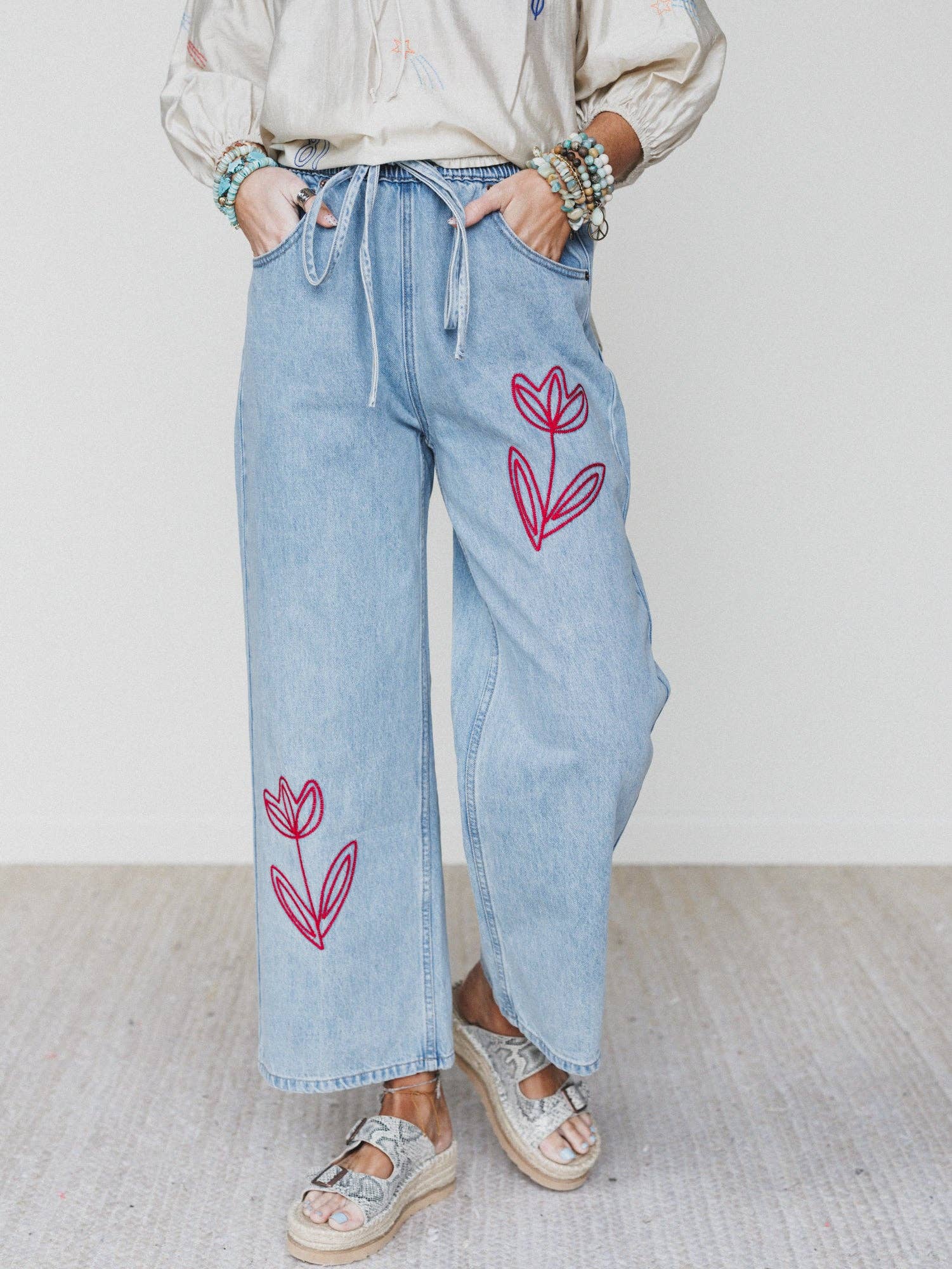 Three Bird Nest Soft Petal Denim Pants Denim