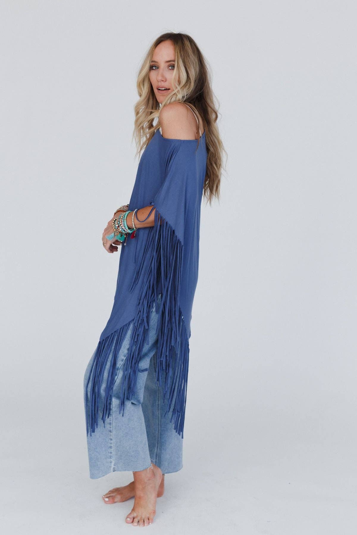 Three Bird Nest Western Showstopper Fringe Top - Denim