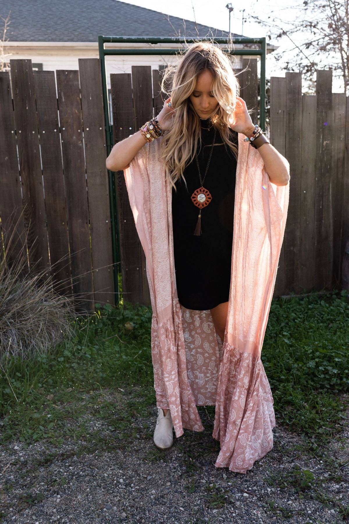 Three Bird Nest Paisley Tapestry Free Flow Kimono - Blush