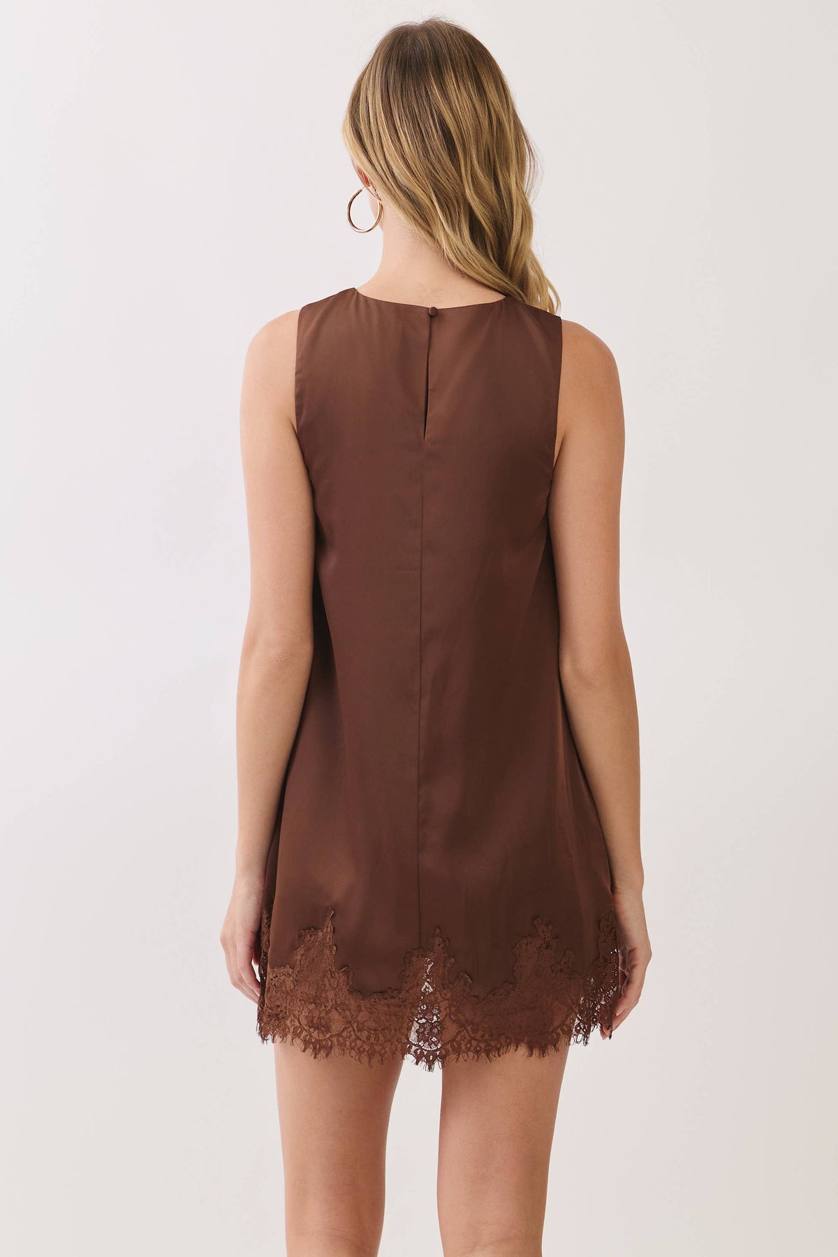 TCEC CD07308-Satin Eyelash Lace Trim Shift Mini Dress