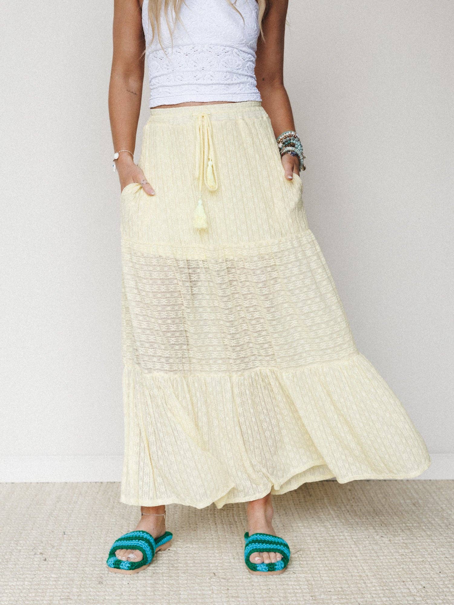 Three Bird Nest Golden Drift Tiered Maxi Skirt - Yellow
