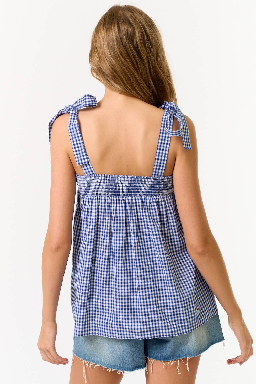 Blue Blush GINGHAM SHOULDER TIE TOP