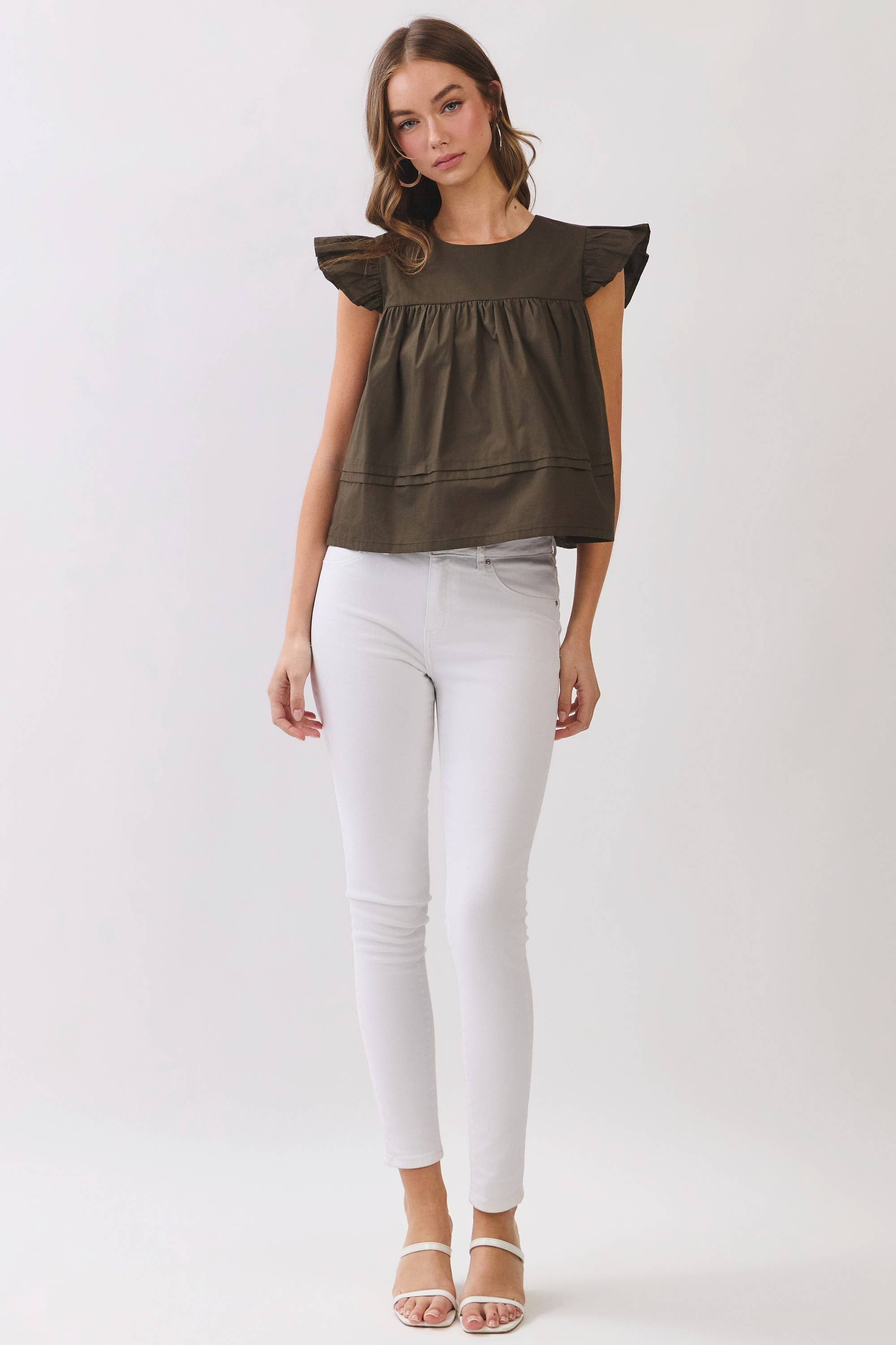 TCEC CT10115-Ruffle Sleeve Button Back Babydoll Top