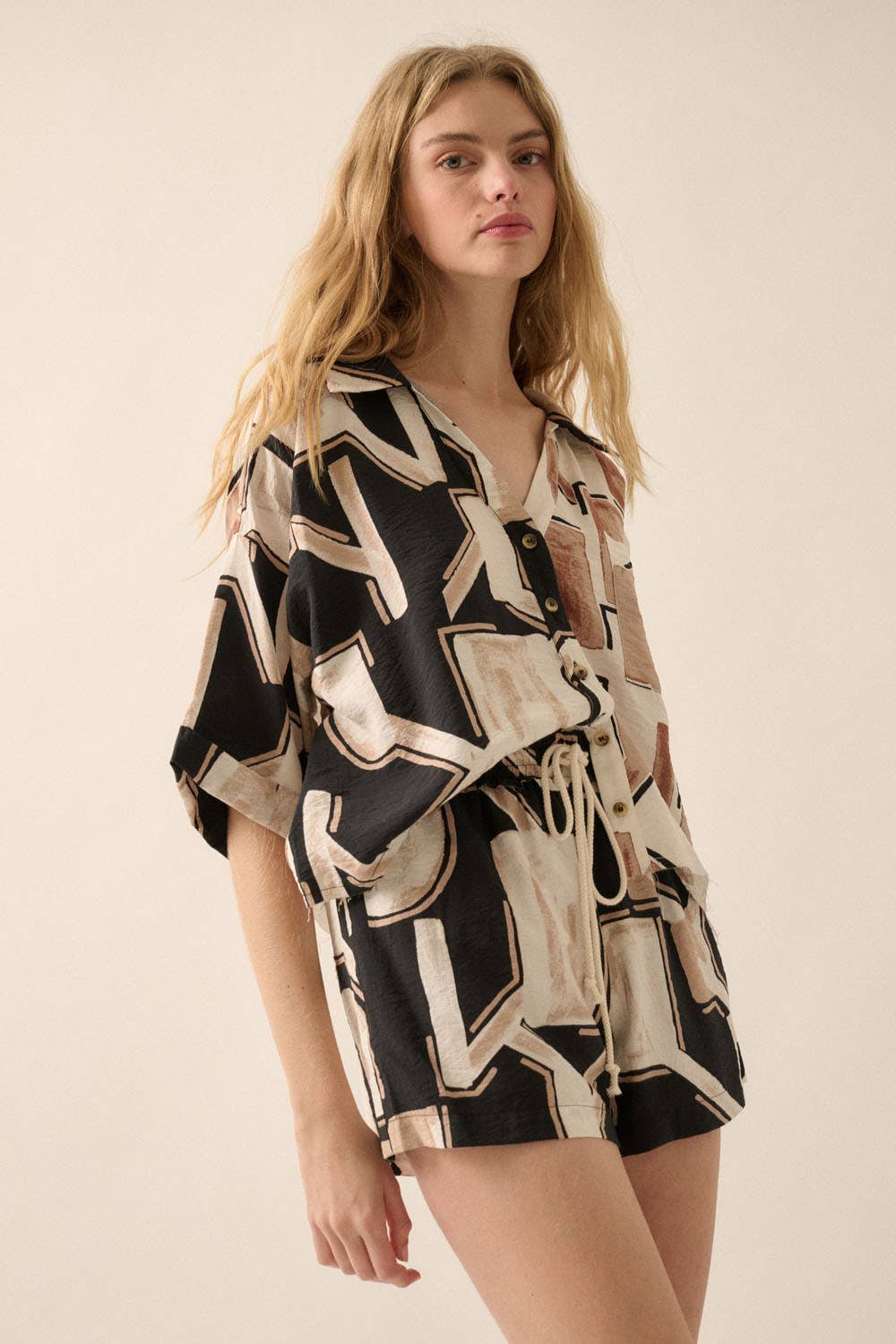 Promesa USA Abstract-Print Colorblock 3/4-Sleeve Shirt