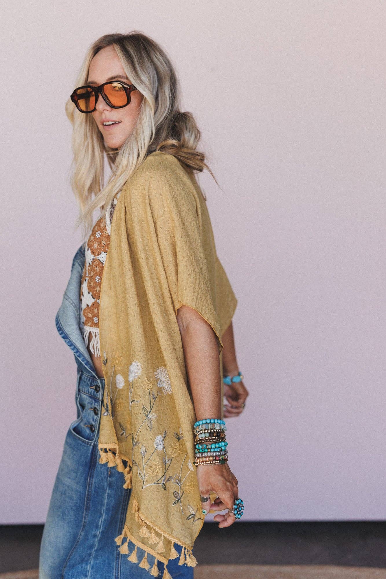 Three Bird Nest Secret Meadow Embroidered Kimono - Mustard