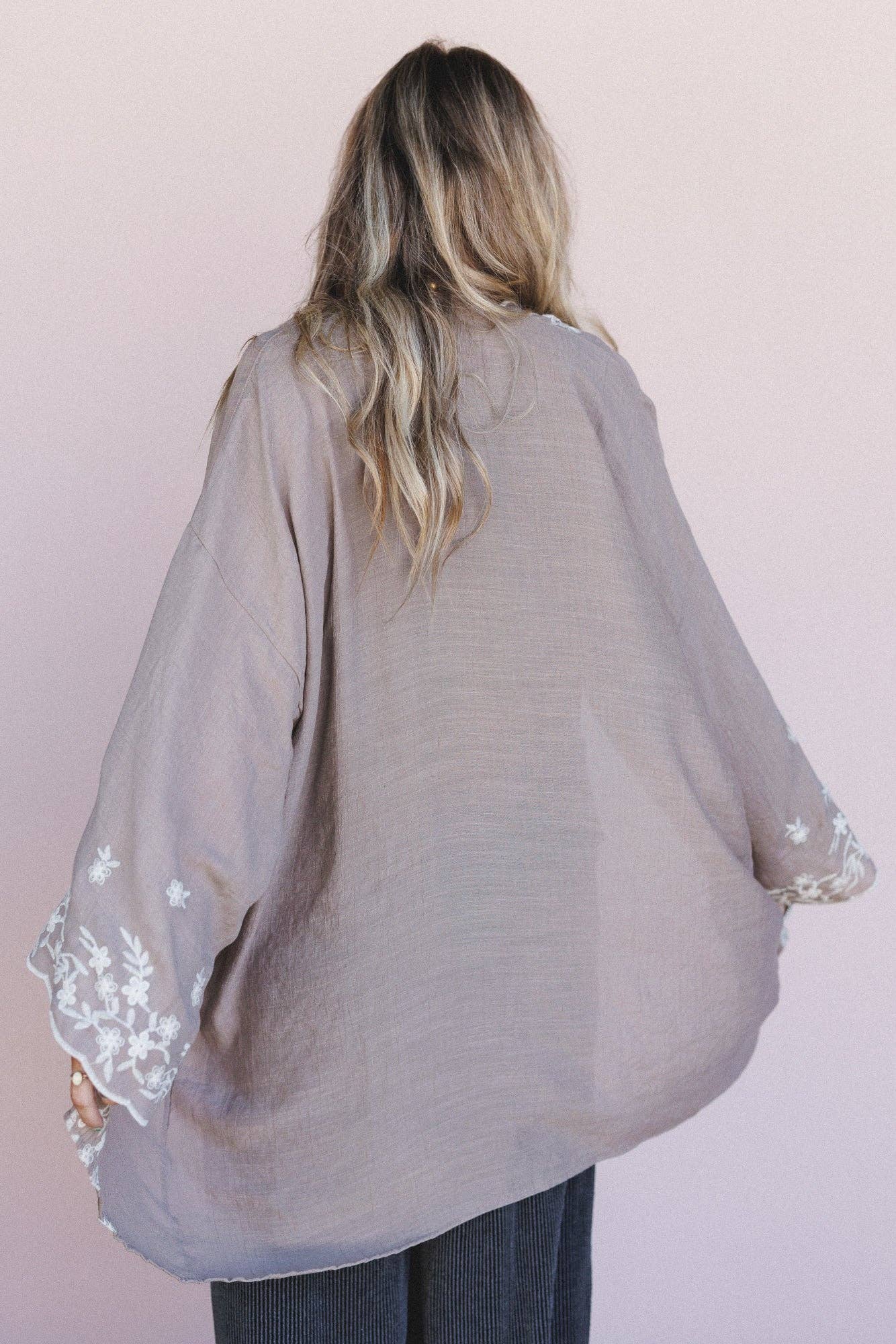 Three Bird Nest Flower Crowns Embroidered Kimono - Mocha