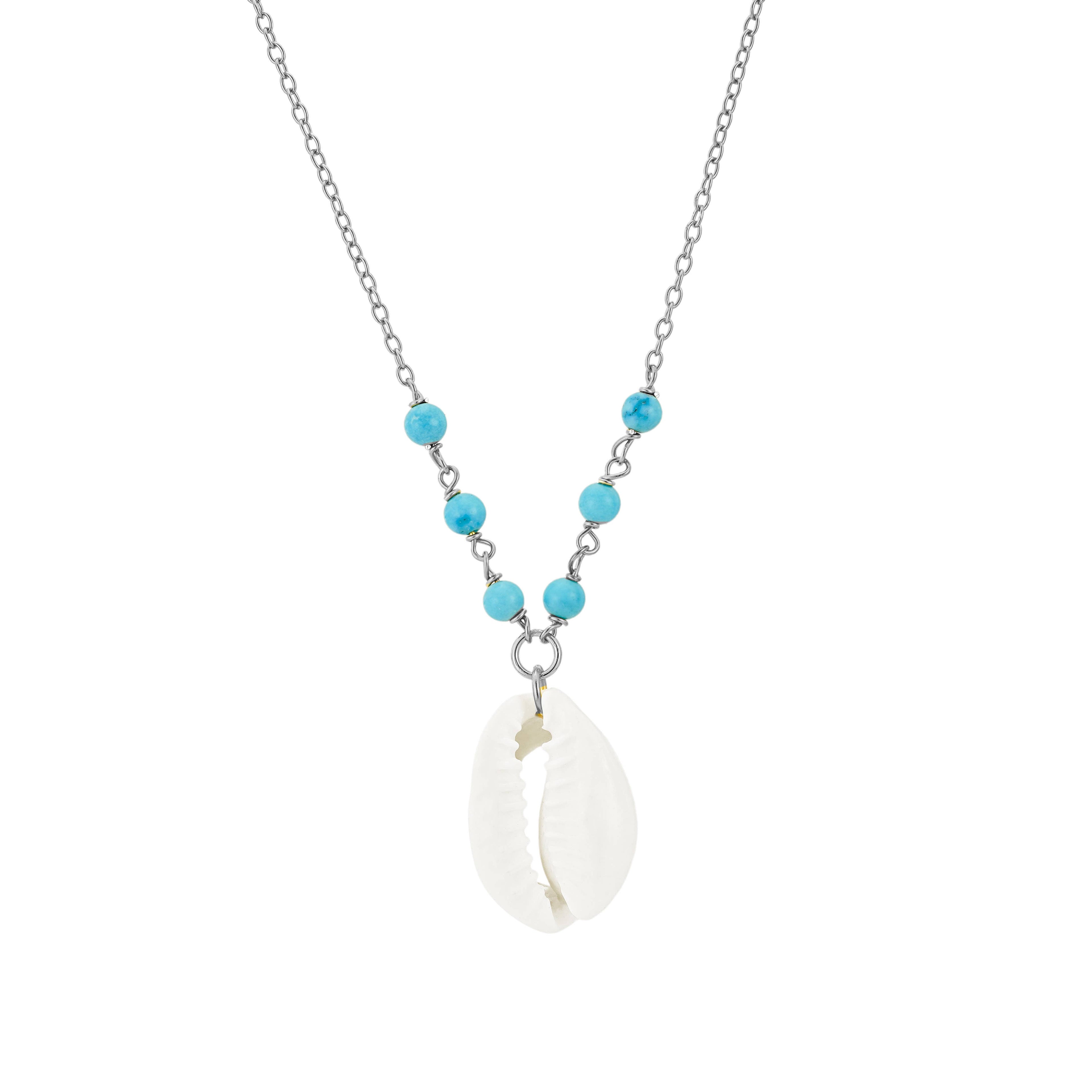 The Salty Gem TURQUOISE COWRIE SHELL NECKLACE Silver