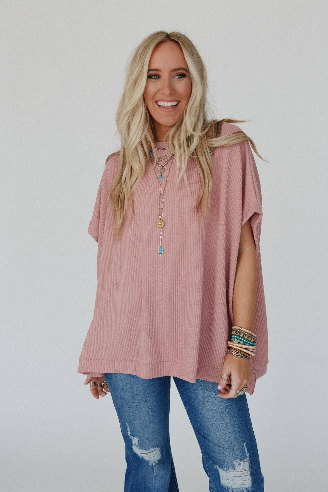 Three Bird Nest Moon Glow Texture Knit Top - Rose Faded