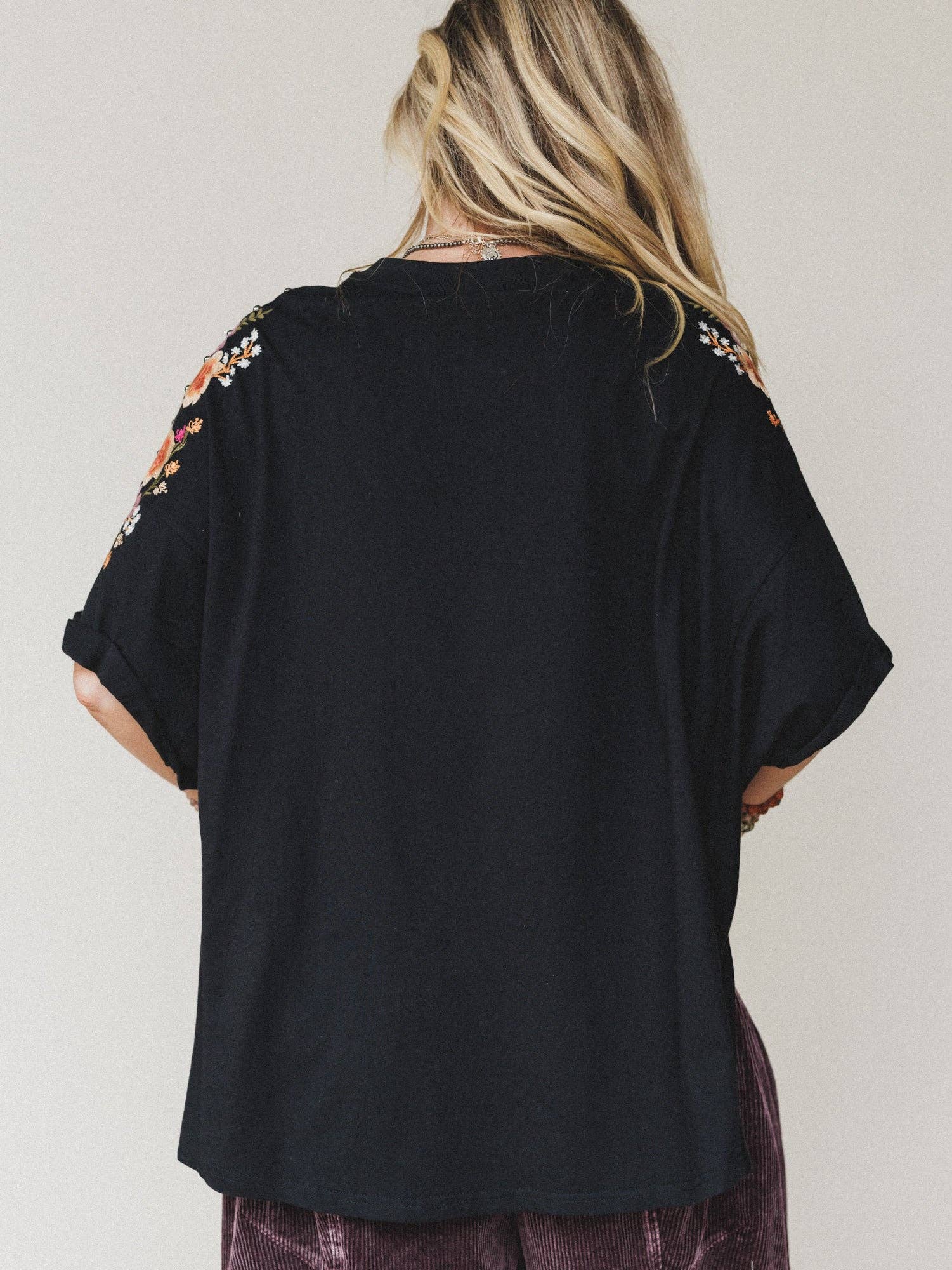 Three Bird Nest Tomcat Studded High Low Top - Black Floral Embroidery