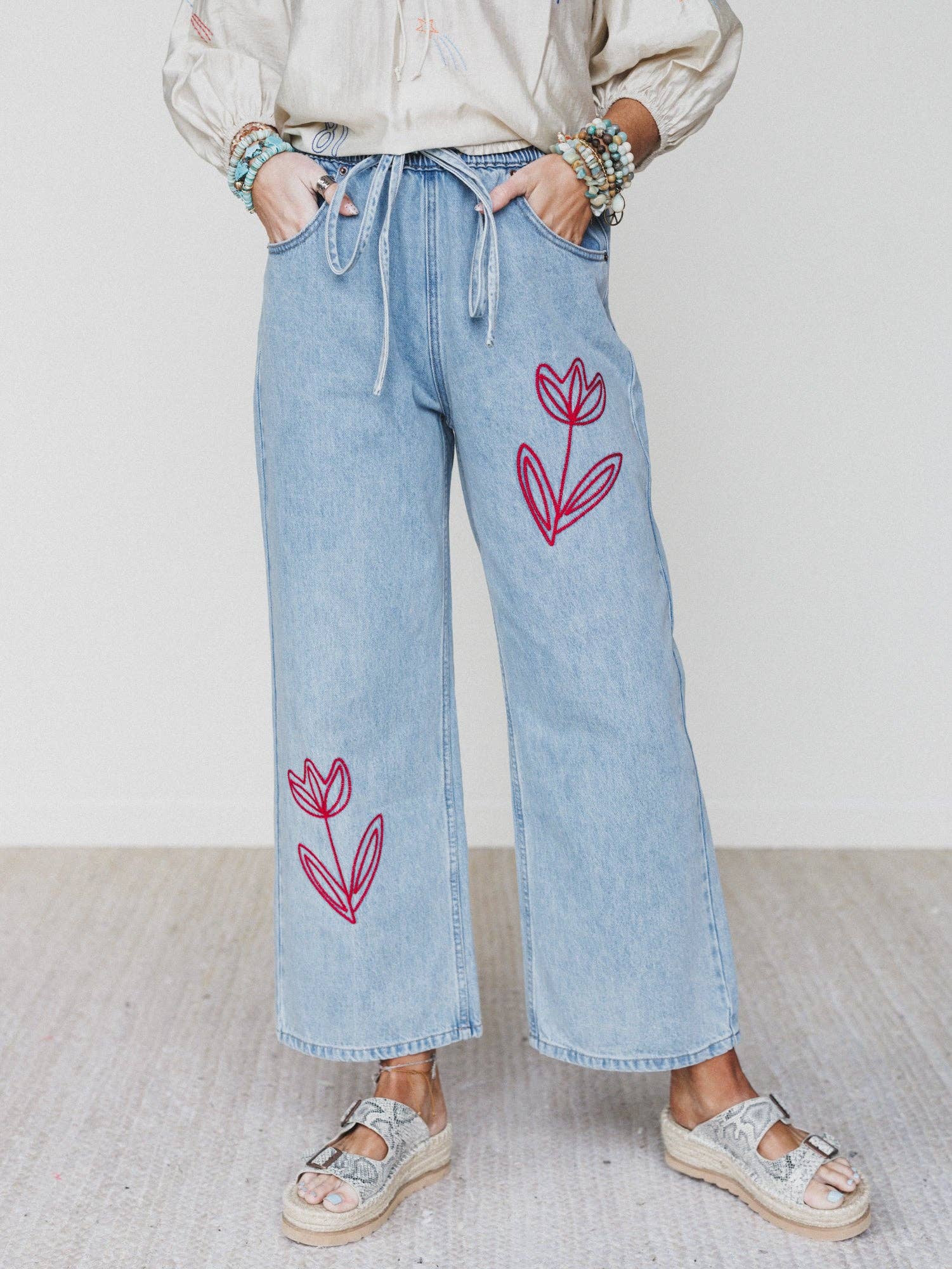 Three Bird Nest Soft Petal Denim Pants