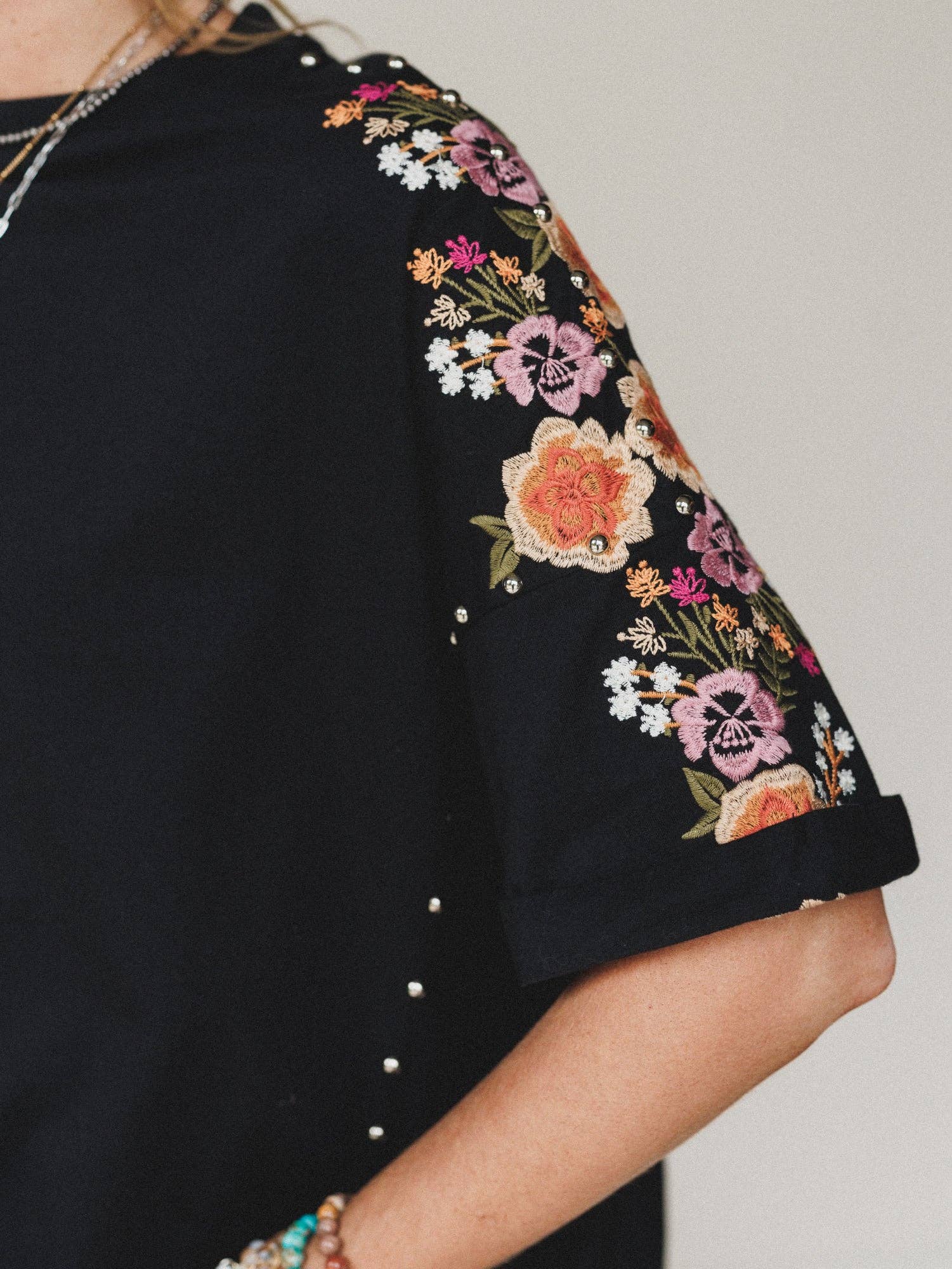 Three Bird Nest Tomcat Studded High Low Top - Black Floral Embroidery