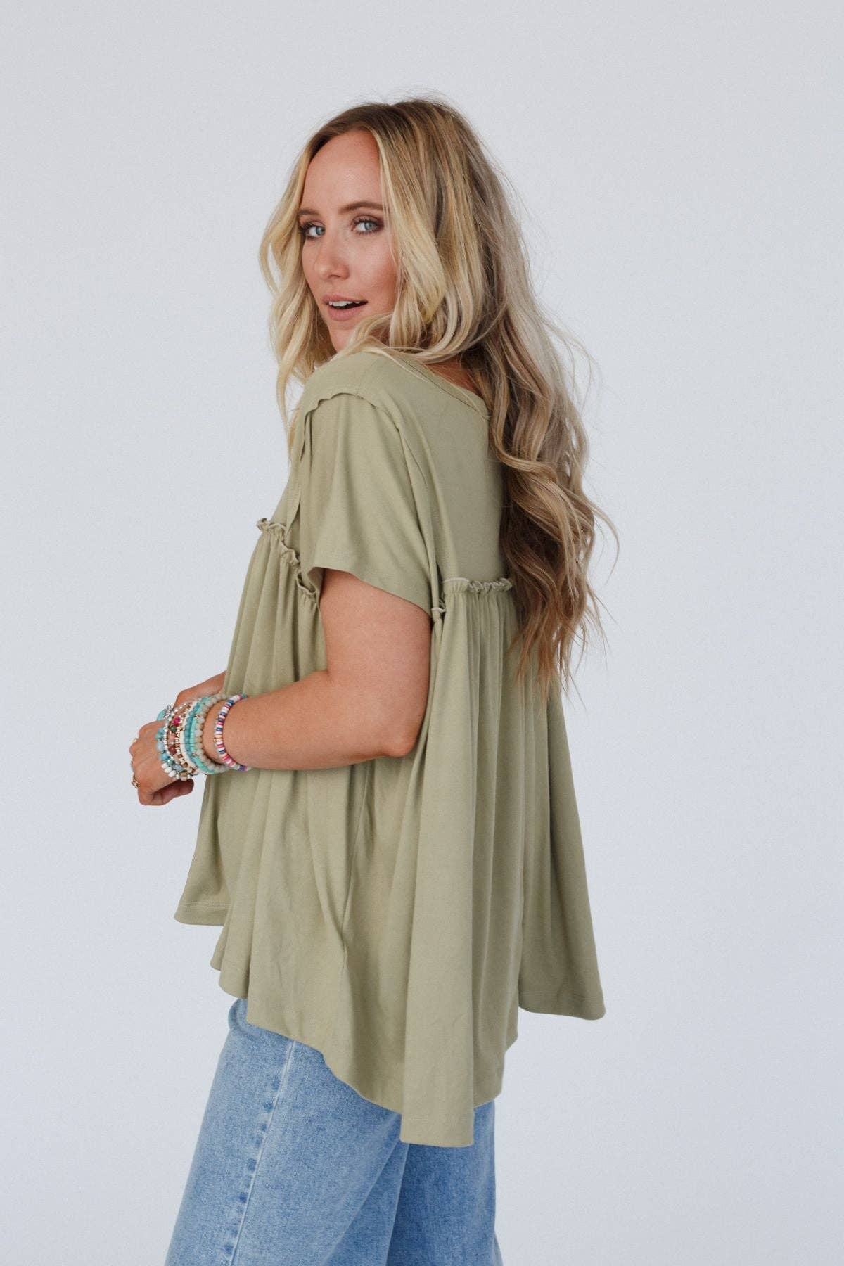 Three Bird Nest Sunday Morning Babydoll Top - Light Olive