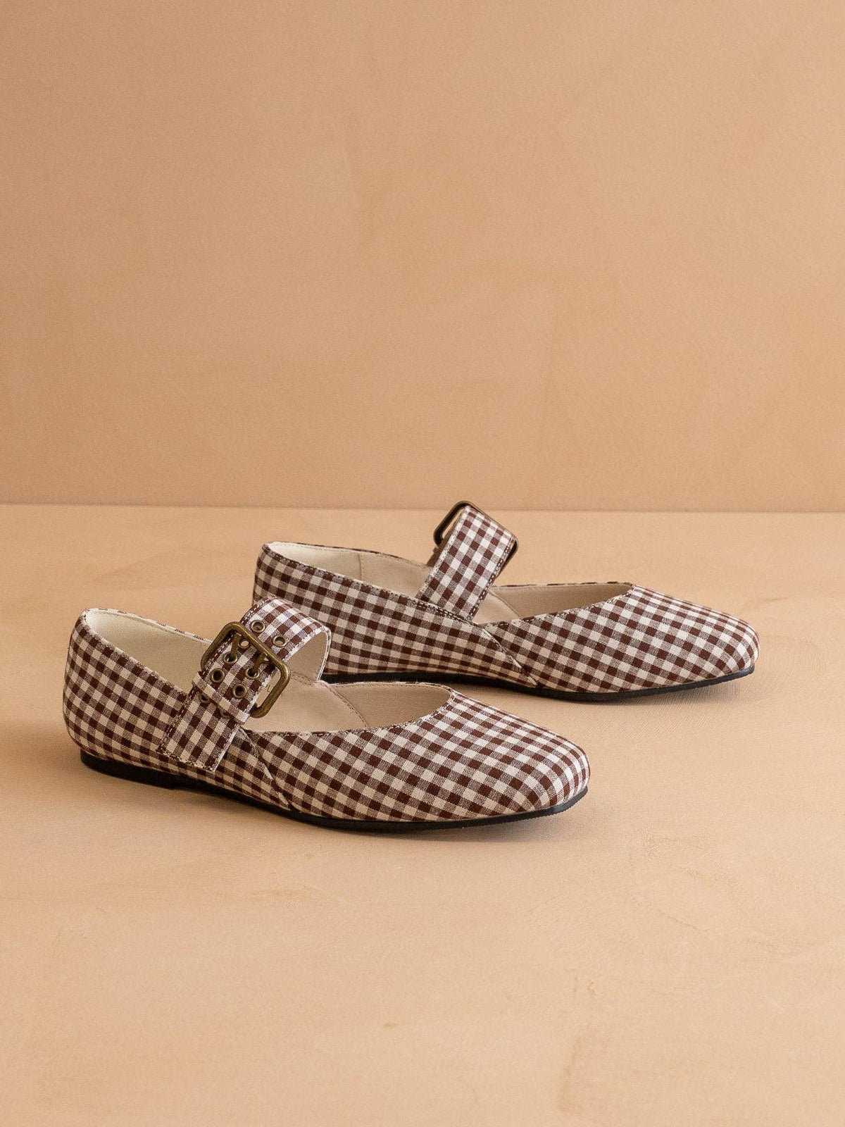 OASIS SOCIETY The Soho | Coffee Gingham Ballet Fall Flat Studded Buckle