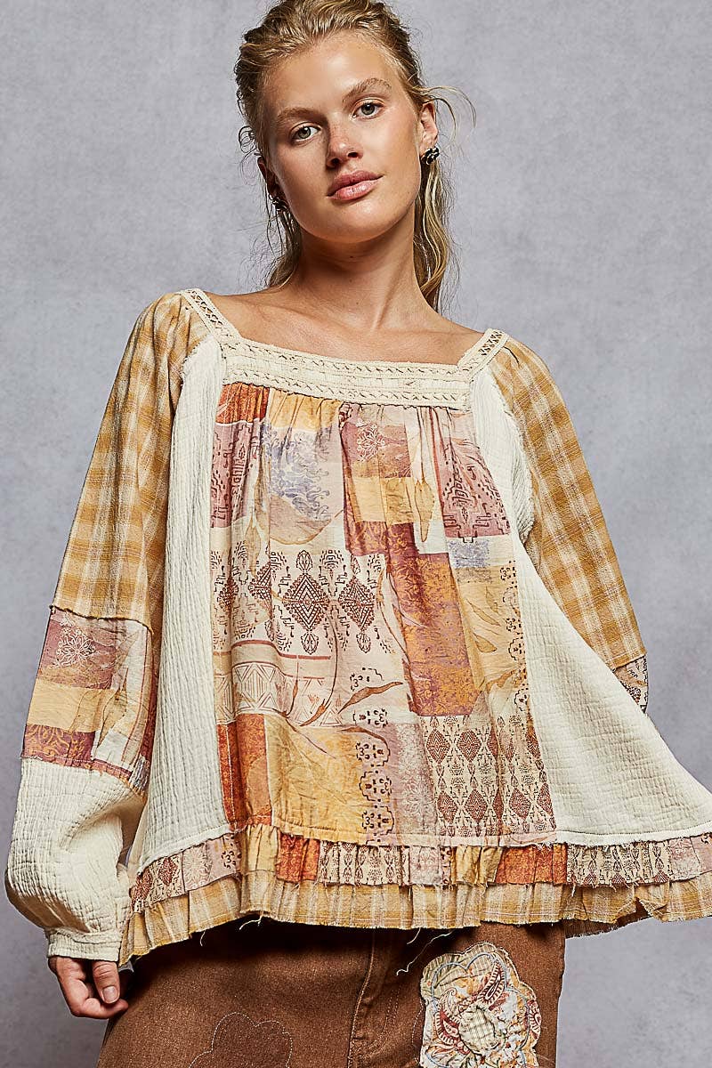 Pol Clothing October Patchwork Top NATURAL