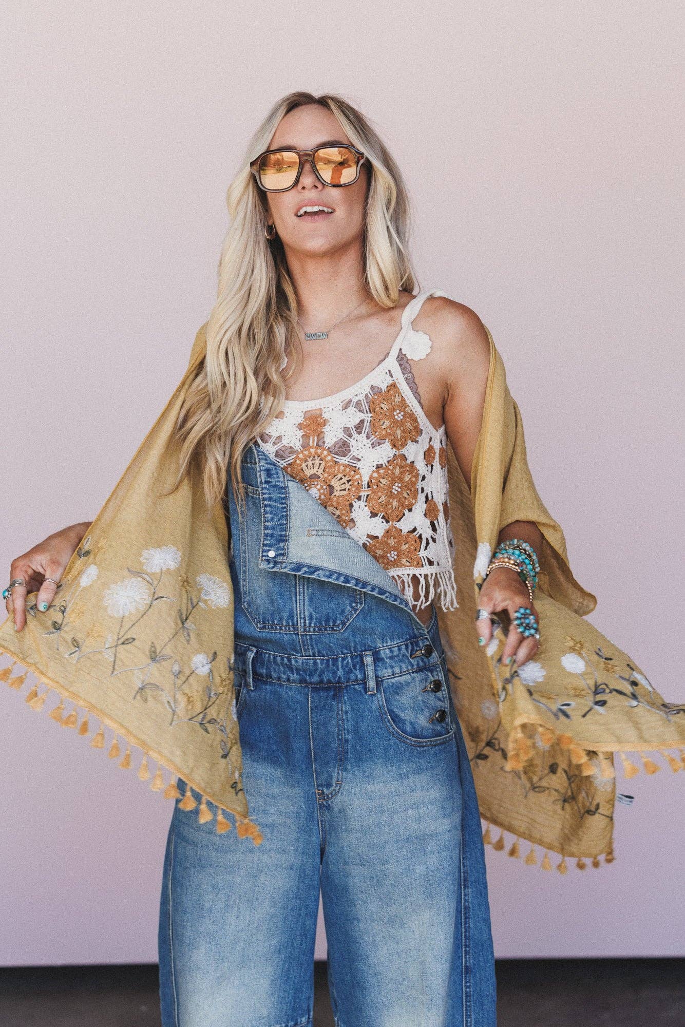 Three Bird Nest Secret Meadow Embroidered Kimono - Mustard