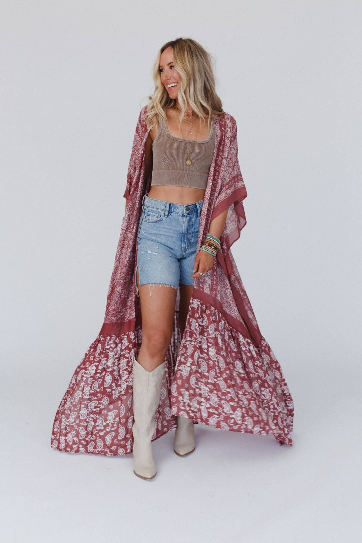 Three Bird Nest Paisley Tapestry Free Flow Duster - Wine OS