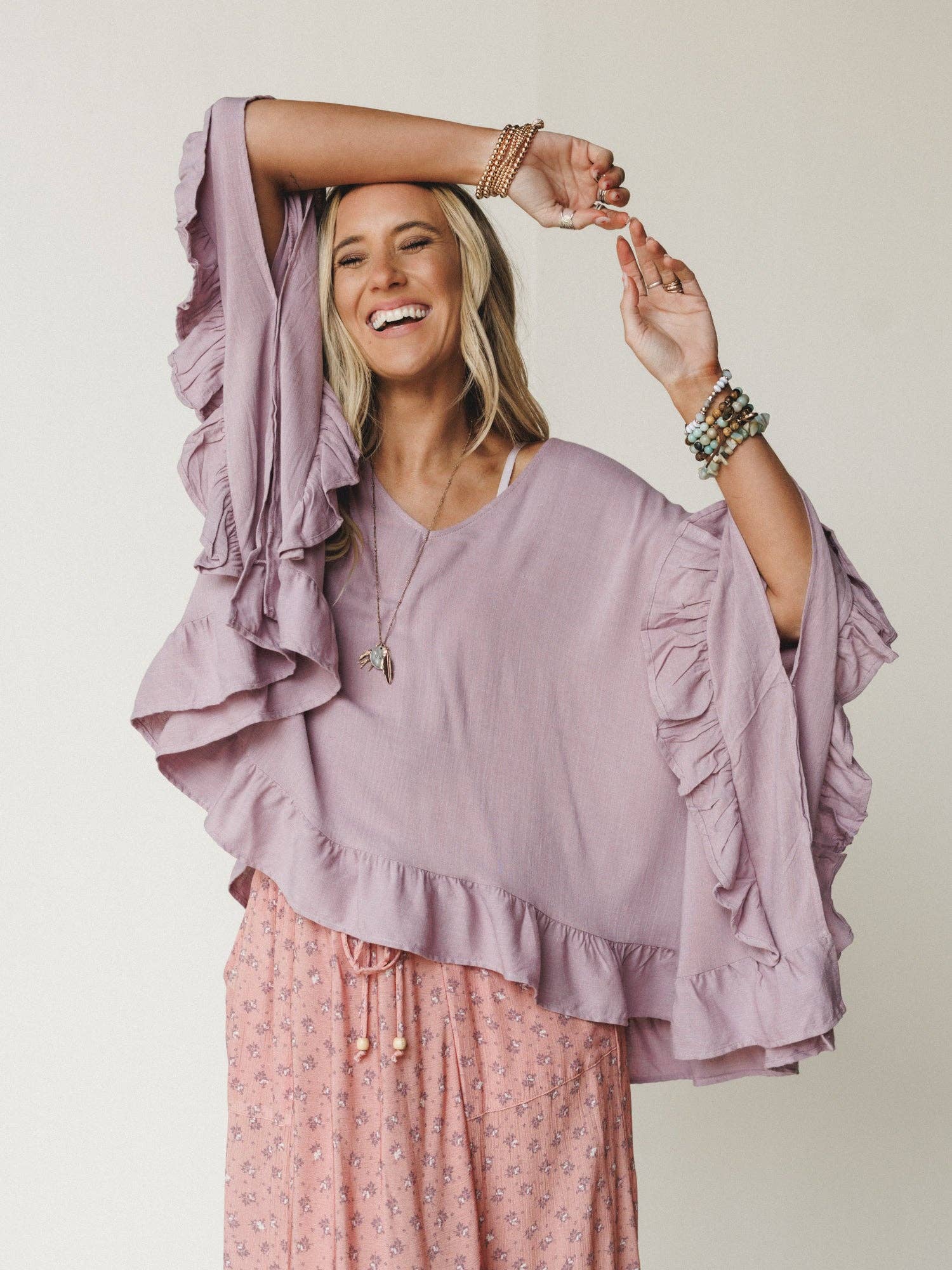 Three Bird Nest Let Me Ruffled Poncho Top - Pale Plum