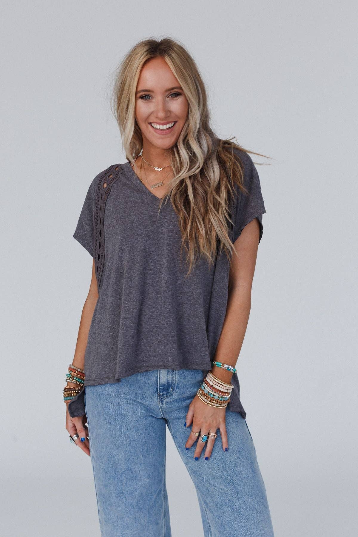 Three Bird Nest Camden Lace V Neck Top - Charcoal